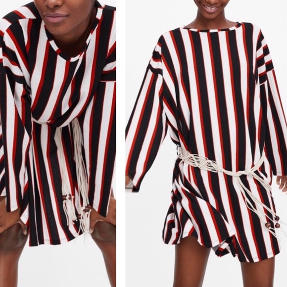 Zara Dresses & Skirts - Zara Red & Black Vertical Stripe Belted Dress